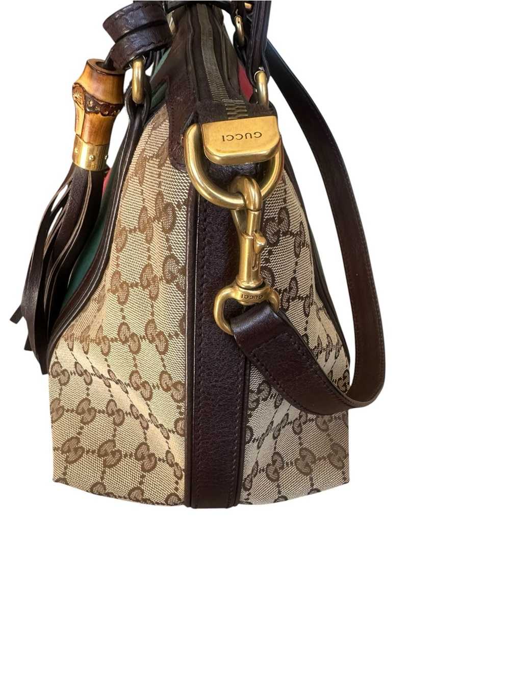 Gucci Brown Canvas & Leather Tote with Green and Red Stripe - Picture 3 of 10